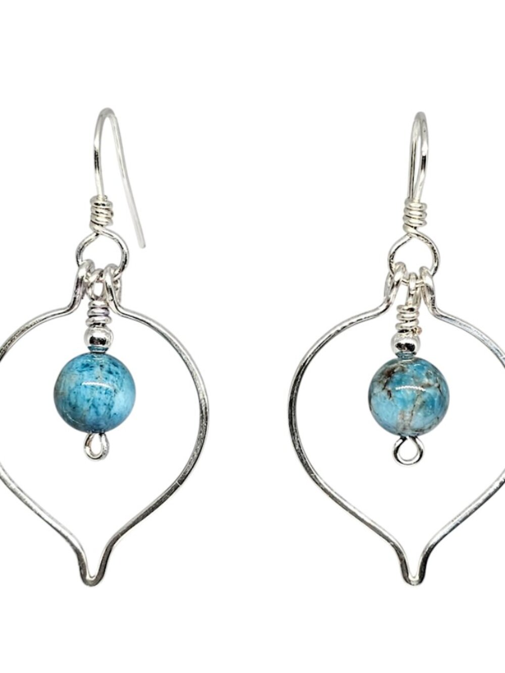 Handmade Blue Agate Gemstone Beaded Silver Teardrop Hoop Dangle Boho Earrings